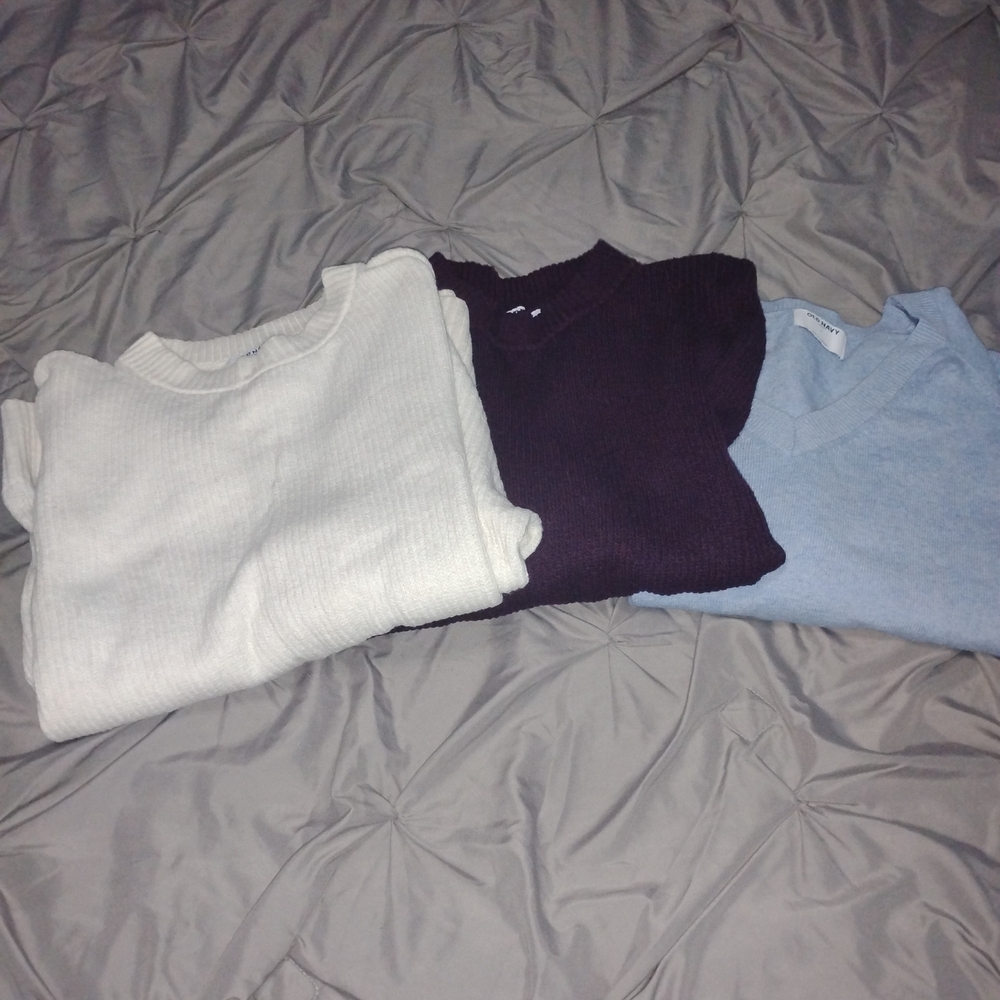 Cozy Sweater Trio in White, Purple, and Blue